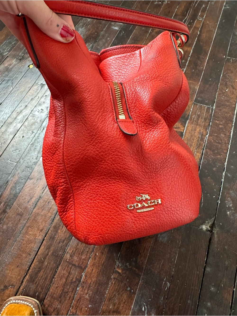 Coach Red Pebbled Leather Shoulder Hobo with Gold Hardware